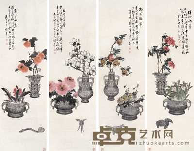 陈半丁 1940年作 富贵如意 四屏 175×54cm×4